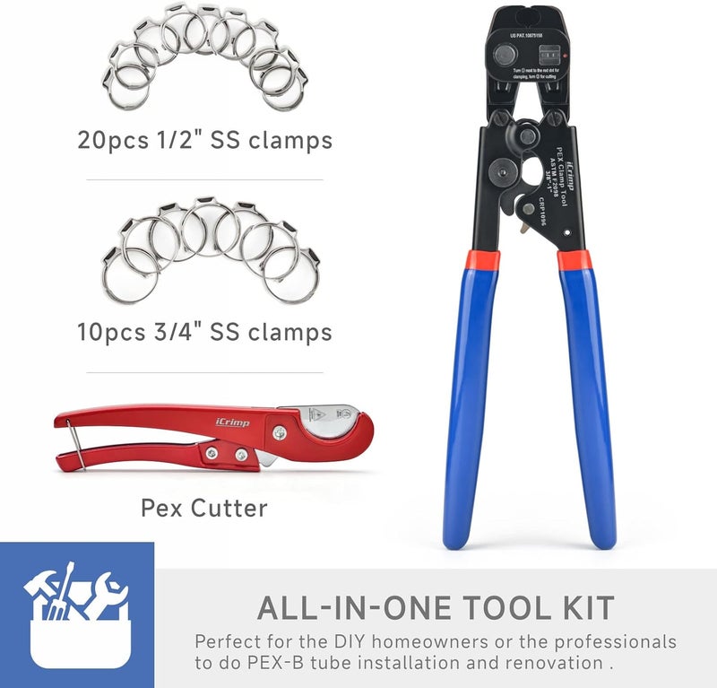 iCRIMP Ratchet PEX Cinch Tool with Removing function for 3/8 to 1-inch Stainless Steel Clamps with 20PCS 1/2-inch and 10PCS 3/4-inch PEX Clamps and Pipe Cutter- All in One - Image 2
